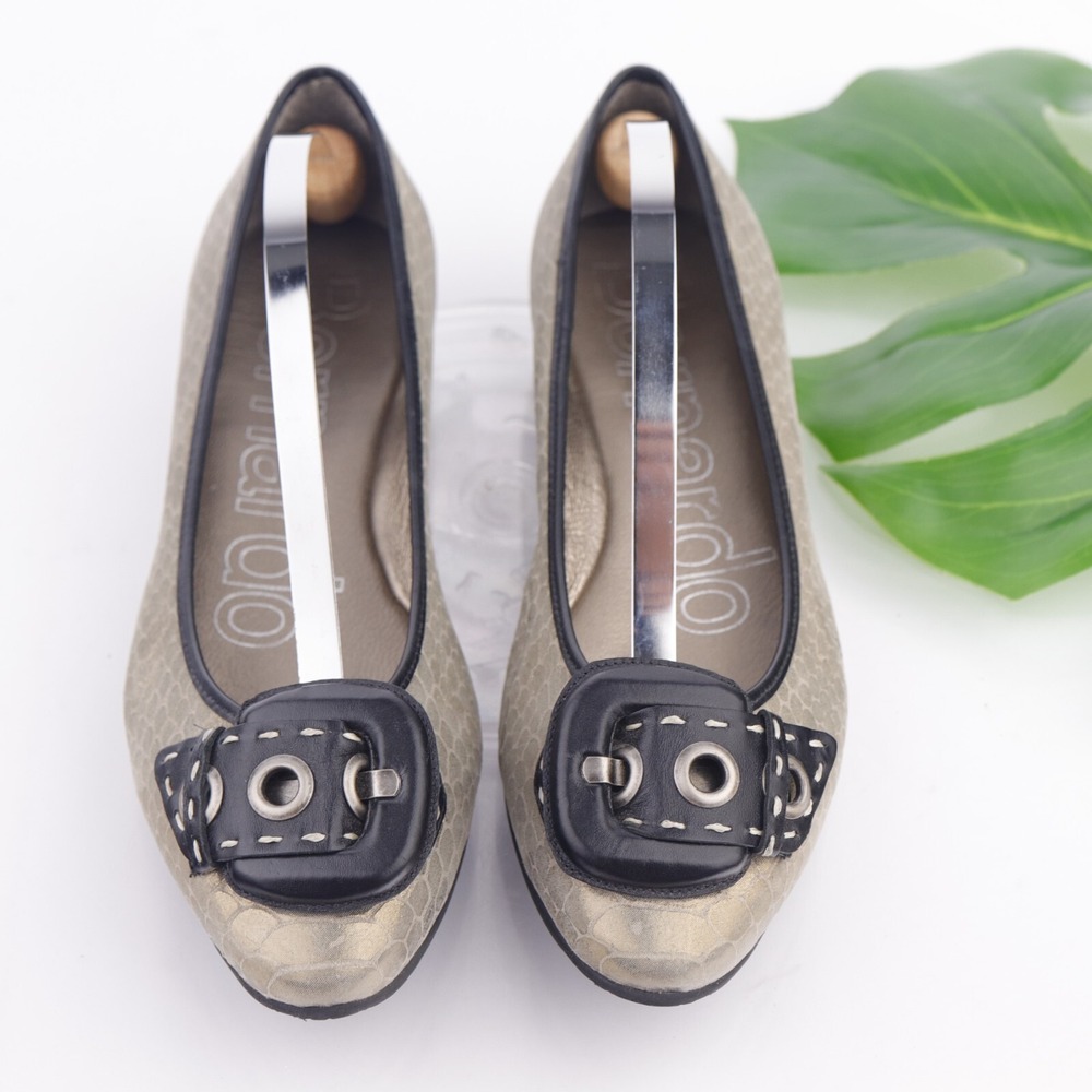 Bernardo Womens Leyla Ballet Flat Size 8 M Gold Metallic Snake Buckle Strap Shoe